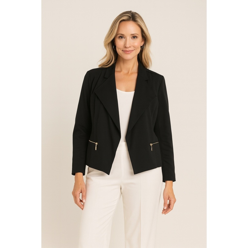 Chicos Quiet Luxury Minimalist Jacket size 1 Medium black gold zip pockets‎